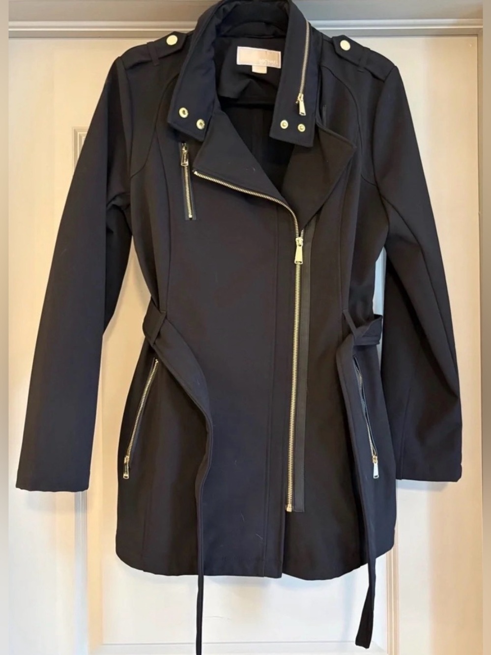 Michael Kors Black Belted Trench Coat with Gold Hardware Accents Size Large